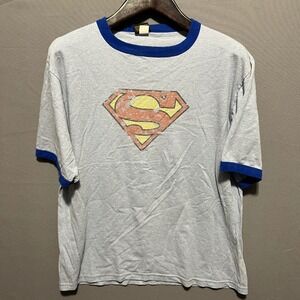Vintage 2003 Warner Bros Superman Ringer Tee Gray Blue XL Made in USA DC Comics
